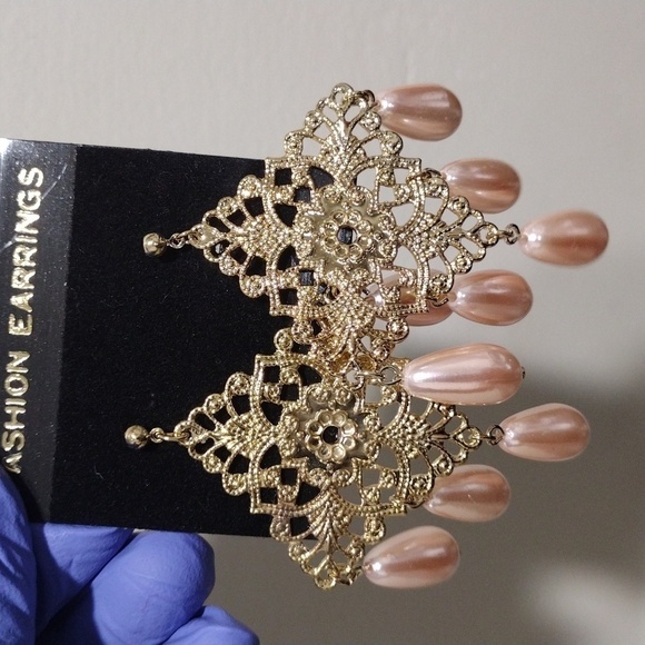 Women's Gold-tone Diamond Shape Filigree Design Beaded Drop Dangle Earrings, #6 - Picture 3 of 5